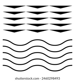 Wave line and wavy zigzag pattern lines. Vector black underlines, smooth end squiggly horizontal curvy squiggles on white background.