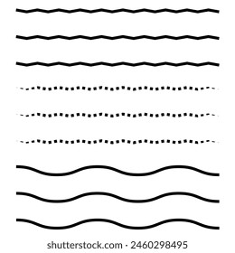 Ligne d'onde et lignes ondulées de motif zigzag.  Image vectorielle soulignée en noir, extrémité lisse et polie  des gribouillis courbes horizontales sur fond blanc.
