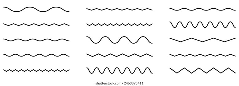  Wave line and wavy zigzag pattern lines. Vector black underlines, smooth end squiggly horizontal curvy squiggles on white background.