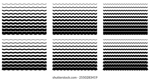 Wave line and wavy zigzag pattern lines. Vector black zig zag underlines, smooth end squiggly horizontal curvy squiggles isolated on white background.