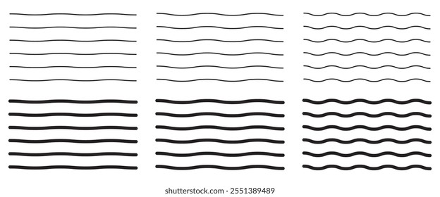 Wave line and wavy zigzag pattern lines. Vector black underlines, smooth end squiggly horizontal curvy squiggles on white background.