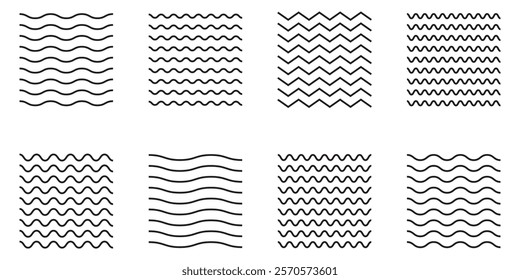 Wave line and wavy zigzag pattern lines. Vector black underlines, smooth end squiggly horizontal curvy squiggles on white background. Wave line and wavy zigzag lines.  Vector black underlines. 