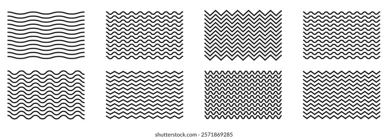 Wave line and wavy zigzag pattern lines. Vector black underlines, smooth end squiggly horizontal curvy squiggles 