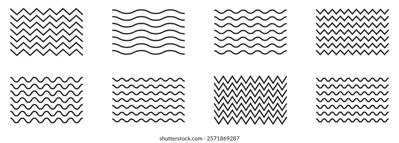 Wave line and wavy zigzag pattern lines. Vector black underlines, smooth end squiggly horizontal curvy squiggles 