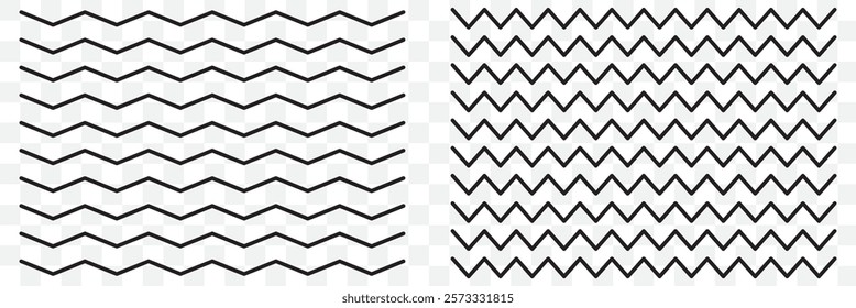 Wave line and wavy zigzag pattern lines. Vector black underlines, smooth end squiggly horizontal curvy squiggles on white background. eps 10.