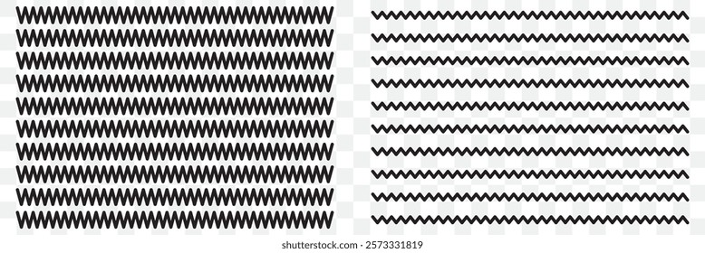 Wave line and wavy zigzag pattern lines. Vector black underlines, smooth end squiggly horizontal curvy squiggles on white background. eps 10.