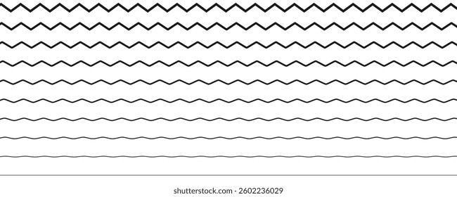 Wave line and wavy zigzag pattern lines. Vector black underlines, smooth end squiggly horizontal curvy squiggles. Wave line and wavy zigzag lines. Black underlines wavy curve zig zag line pattern.