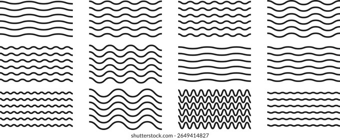 Wave line and wavy zigzag pattern lines. Vector black underlines, smooth end squiggly horizontal curvy squiggles. Set of wavy , curvy and zigzag , horizontal lines. Vector illustration 