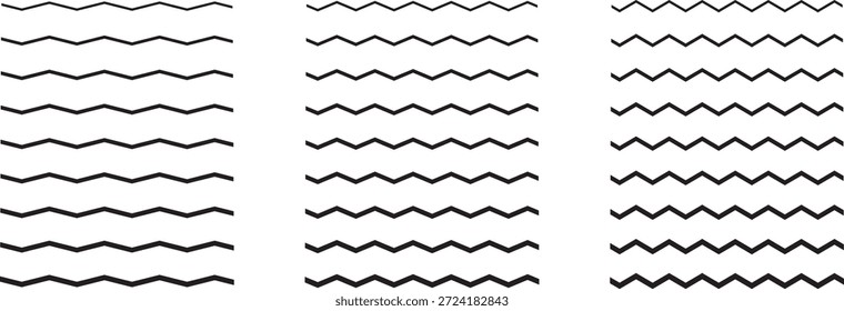  Linhas de onda e linhas de padrão em ziguezague ondulado. Sublinhados pretos vetoriais, fim suave rabiscando curvas horizontais no fundo branco.