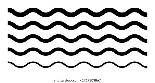Wave line and wavy zigzag pattern lines. Vector black underlines, Geometric decoration element. smooth end squiggly horizontal, squiggles on white background.