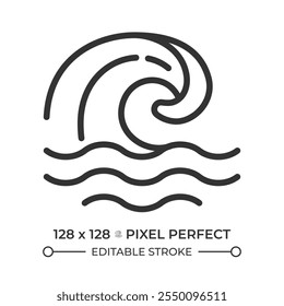 Wave linear icon. Symbolizing ocean tides, currents. Coastal and marine environments. Tsunami. Natural disaster. Thin line illustration. Contour symbol. Vector outline drawing. Editable stroke