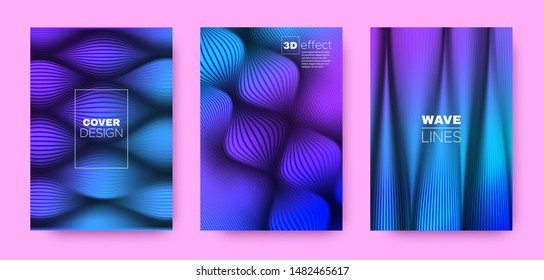 Wave Linear Poster. Magenta Design Covers Set. Movement Background. 3d Distorted Halftone Texture. Purple Flow Lines Poster. Abstract Covers Set. Movement Illustration. Linear Poster.