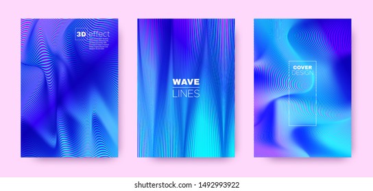 Wave Linear Poster. Neon Design Covers Set. Movement Illustration. 3d Geometric Halftone Texture. Blue Fluid Linear Poster. Modern Covers Set. Dynamic Background. Lines Poster.