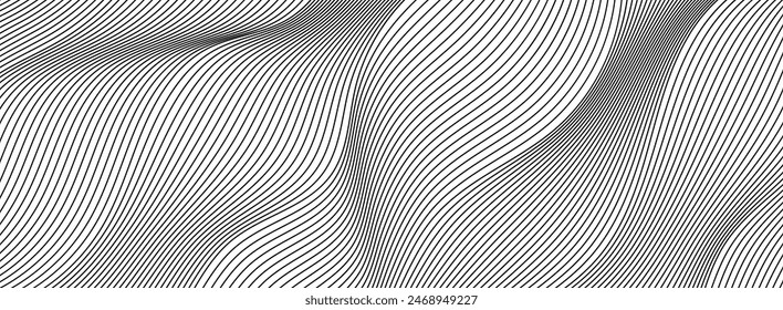 Wave lines abstract background, black thin wavy stripes with movement optical effect. Minimalistic drawing, graphic curves flow. Modern vector illustration isolated on white.