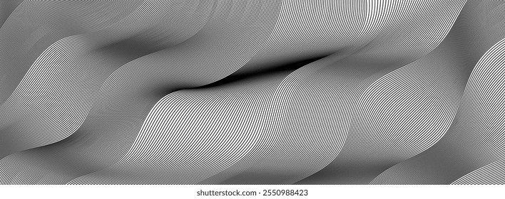 Fondo abstracto de líneas onduladas, rayas onduladas delgadas negras con efecto óptico de movimiento.