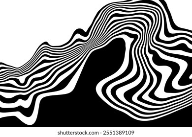 Wave lines abstract background, black thin wavy stripes with movement optical effect. Minimalistic drawing, graphic curves flow. Modern vector illustration isolated on white.
