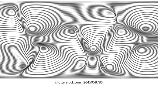 Fundo abstrato de linhas de onda, listras onduladas finas pretas com efeito óptico de movimento. Desenho minimalista, fluxo de curvas gráficas. Ilustração vetorial moderna isolada em branco.