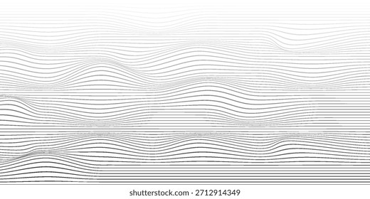 Fondo abstracto de líneas onduladas, rayas onduladas delgadas negras con efecto óptico de movimiento. Dibujo minimalista, flujo de curvas gráficas. Ilustración vectorial moderna aislada en blanco.