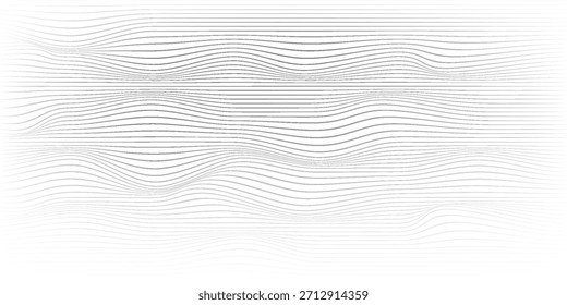 Fondo abstracto de líneas onduladas, rayas onduladas delgadas negras con efecto óptico de movimiento. Dibujo minimalista, flujo de curvas gráficas. Ilustración vectorial moderna aislada en blanco.