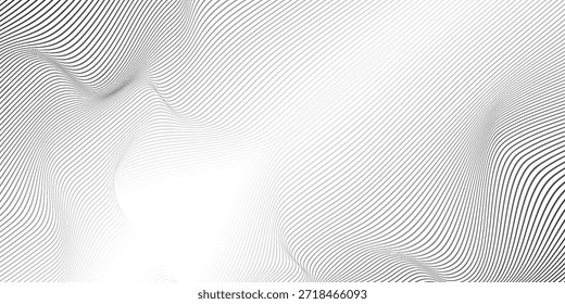 Wave lines abstract background, black thin wavy stripes with movement optical effect. Minimalistic drawing, graphic curves flow. Modern vector illustration isolated on white.	