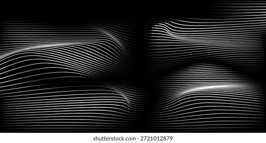 Wellenlinien abstrakter Hintergrund, schwarze dünne wellenförmige Streifen mit bewegungsoptischer Wirkung. Minimalistische Zeichnung, grafische Kurven fließen. Moderne Vektorgrafik einzeln auf Weiß.	