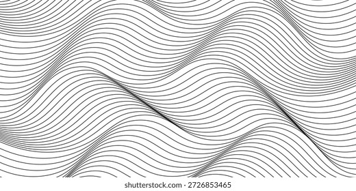 Wave lines abstract background, black thin wavy stripes with movement optical effect. Minimalistic drawing, graphic curves flow. Modern vector illustration isolated on white.