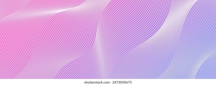 Wellenlinien abstrakter Hintergrund, weiße dünne wellenförmige Streifen mit bewegungsoptischem Effekt. Minimalistisches Zeichnen, grafische Kurven fließen. Moderne Vektorillustration auf Gradientenhintergrund.