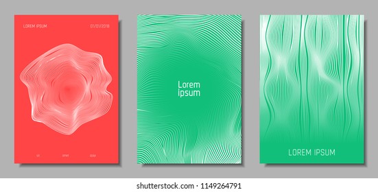 Wave Lines. Abstract Covers with Movement and Distortion Effect. Flow Striped Backgrounds. Geometric Templates Set in Pastel Color Design. EPS10 Vector. 3D Wave Abstraction for Brochure, Music Poster.
