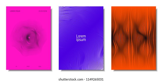Wave Lines. Abstract Covers with Movement and Distortion Effect. Flowing Striped Background. Trendy Geometric Templates Set . EPS10 Vector Design. 3D Distorted Lines for Brochure, Music Sound Poster.