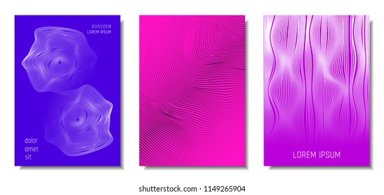 Wave Lines. Abstract Covers with Movement and Distortion Effect. Flowing Striped Background. Trendy Geometric Templates Set . EPS10 Vector Design. 3D Distorted Lines for Brochure, Music Sound Poster.