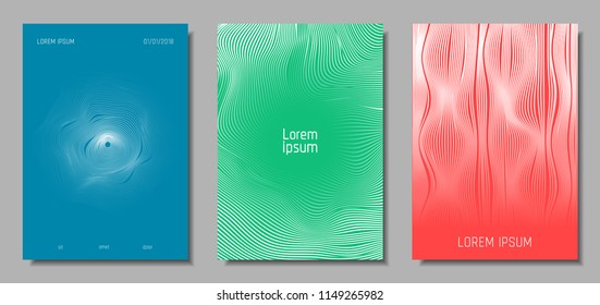 Wave Lines. Abstract Covers with Movement and Distortion Effect. Flow Striped Backgrounds. Geometric Templates Set in Pastel Color Design. EPS10 Vector. 3D Wave Abstraction for Brochure, Music Poster.