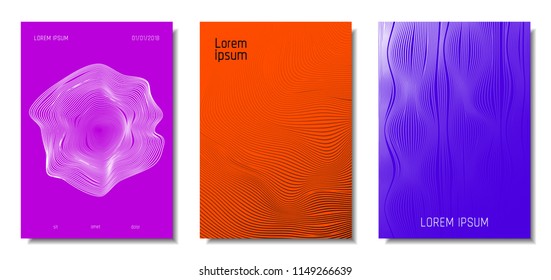 Wave Lines. Abstract Covers with Movement and Distortion Effect. Flowing Striped Background. Trendy Geometric Templates Set . EPS10 Vector Design. 3D Distorted Lines for Brochure, Music Sound Poster.