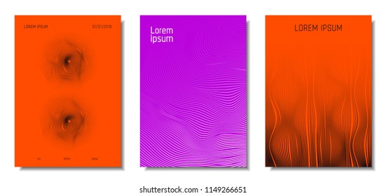 Wave Lines. Abstract Covers with Movement and Distortion Effect. Flowing Striped Background. Trendy Geometric Templates Set . EPS10 Vector Design. 3D Distorted Lines for Brochure, Music Sound Poster.