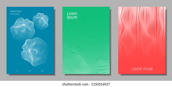 Wave Lines. Abstract Covers with Movement and Distortion Effect. Flow Striped Backgrounds. Geometric Templates Set in Pastel Color Design. EPS10 Vector. 3D Wave Abstraction for Brochure, Music Poster.