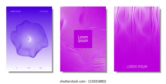 Wave Lines. Abstract Covers with Movement and Distortion Effect. Flowing Striped Background. Trendy Geometric Templates Set . EPS10 Vector Design. 3D Distorted Lines for Brochure, Music Sound Poster.
