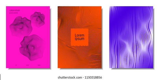 Wave Lines. Abstract Covers with Movement and Distortion Effect. Flowing Striped Background. Trendy Geometric Templates Set . EPS10 Vector Design. 3D Distorted Lines for Brochure, Music Sound Poster.