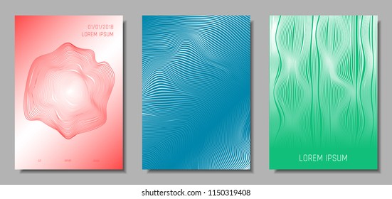 Wave Lines. Abstract Covers with Movement and Distortion Effect. Flow Striped Backgrounds. Geometric Templates Set in Pastel Color Design. EPS10 Vector. 3D Wave Abstraction for Brochure, Music Poster.