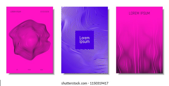 Wave Lines. Abstract Covers with Movement and Distortion Effect. Flowing Striped Background. Trendy Geometric Templates Set . EPS10 Vector Design. 3D Distorted Lines for Brochure, Music Sound Poster.