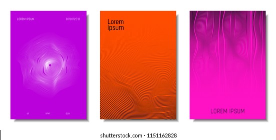Wave Lines. Abstract Covers with Movement and Distortion Effect. Flowing Striped Background. Trendy Geometric Templates Set . EPS10 Vector Design. 3D Distorted Lines for Brochure, Music Sound Poster.
