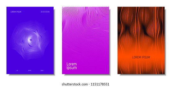 Wave Lines. Abstract Covers with Movement and Distortion Effect. Flowing Striped Background. Trendy Geometric Templates Set . EPS10 Vector Design. 3D Distorted Lines for Brochure, Music Sound Poster.