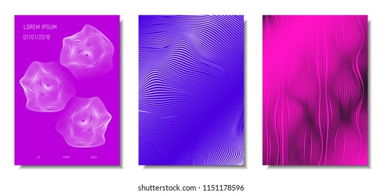 Wave Lines. Abstract Covers with Movement and Distortion Effect. Flowing Striped Background. Trendy Geometric Templates Set . EPS10 Vector Design. 3D Distorted Lines for Brochure, Music Sound Poster.