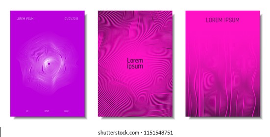 Wave Lines. Abstract Covers with Movement and Distortion Effect. Flowing Striped Background. Trendy Geometric Templates Set . EPS10 Vector Design. 3D Distorted Lines for Brochure, Music Sound Poster.