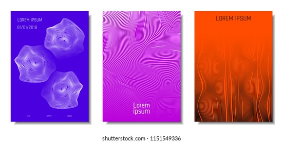 Wave Lines. Abstract Covers with Movement and Distortion Effect. Flowing Striped Background. Trendy Geometric Templates Set . EPS10 Vector Design. 3D Distorted Lines for Brochure, Music Sound Poster.