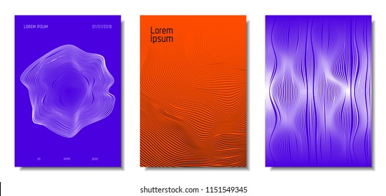 Wave Lines. Abstract Covers with Movement and Distortion Effect. Flowing Striped Background. Trendy Geometric Templates Set . EPS10 Vector Design. 3D Distorted Lines for Brochure, Music Sound Poster.