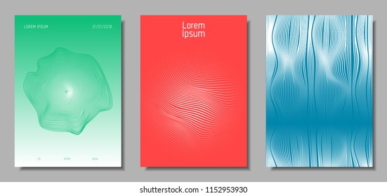 Wave Lines. Abstract Covers with Movement and Distortion Effect. Flow Striped Backgrounds. Geometric Templates Set in Pastel Color Design. EPS10 Vector. 3D Wave Abstraction for Brochure, Music Poster.