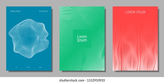 Wave Lines. Abstract Covers with Movement and Distortion Effect. Flow Striped Backgrounds. Geometric Templates Set in Pastel Color Design. EPS10 Vector. 3D Wave Abstraction for Brochure, Music Poster.