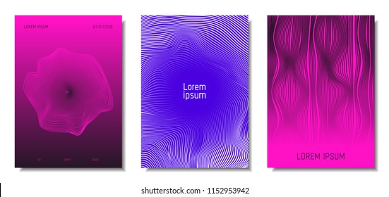 Wave Lines. Abstract Covers with Movement and Distortion Effect. Flowing Striped Background. Trendy Geometric Templates Set . EPS10 Vector Design. 3D Distorted Lines for Brochure, Music Sound Poster.