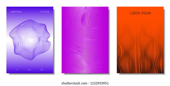 Wave Lines. Abstract Covers with Movement and Distortion Effect. Flowing Striped Background. Trendy Geometric Templates Set . EPS10 Vector Design. 3D Distorted Lines for Brochure, Music Sound Poster.