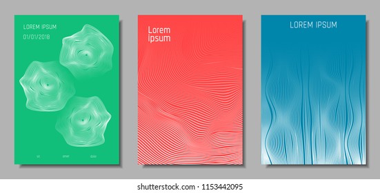 Wave Lines. Abstract Covers with Movement and Distortion Effect. Flow Striped Backgrounds. Geometric Templates Set in Pastel Color Design. EPS10 Vector. 3D Wave Abstraction for Brochure, Music Poster.