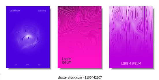 Wave Lines. Abstract Covers with Movement and Distortion Effect. Flowing Striped Background. Trendy Geometric Templates Set . EPS10 Vector Design. 3D Distorted Lines for Brochure, Music Sound Poster.